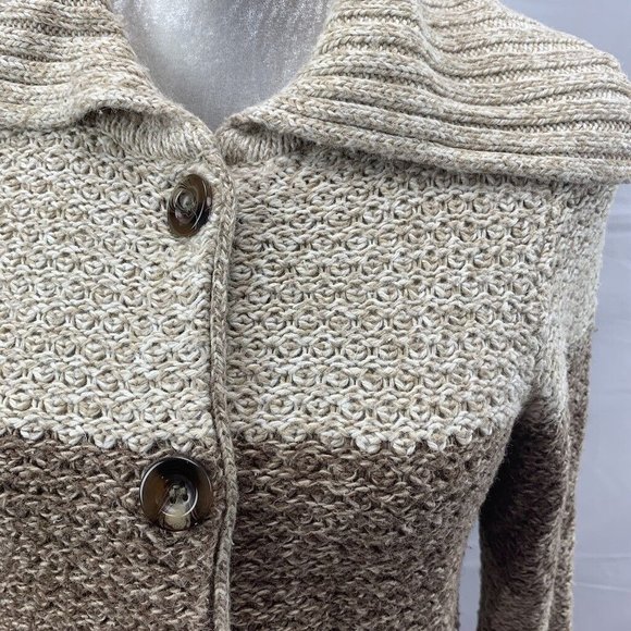 Color Block Turned Down Collar Fringed Cardigan Sweater Button Front Tan Brown S - Picture 2 of 8